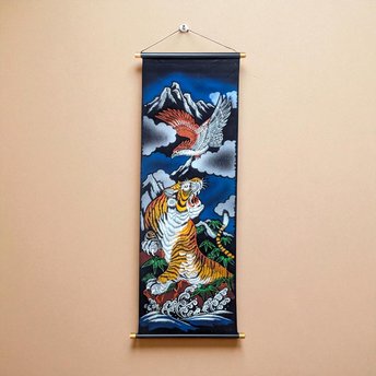 Vintage Japanese Tiger Eagle Velvet Handpainted Scroll Wall Art
