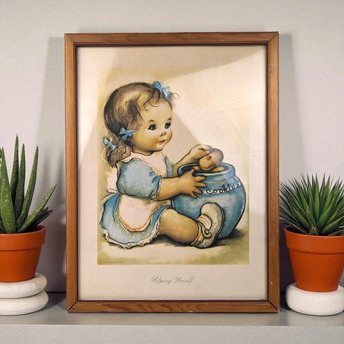 Vintage Herbert Dubler "Helping Herself" Framed Print | Girl with Cookie Jar Art | Children's Room Decor | Wall Decor | Retro Art