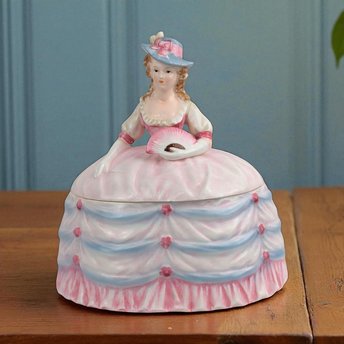 Vintage Andrea Lady Powder Box Pink Dress Ceramic Victorian Style Figurine Vanity Decor Gift for Her