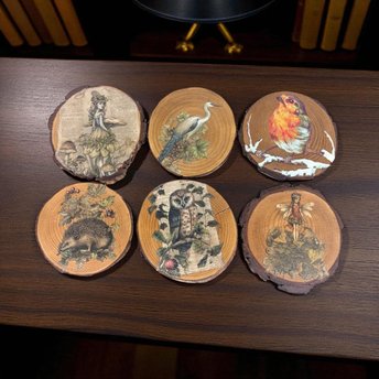 Vintage Wood Slice Coasters (Set of 6): Nature Fairy & Bird Designs