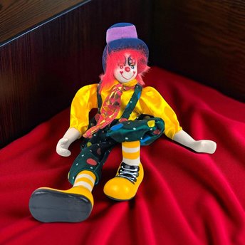 Vintage Ganz Clown Doll with Porcelain Face, 12 Inch Colorful Jester Figurine, Dangly Leg Shelf Sitter, Circus Decor Collector Gift