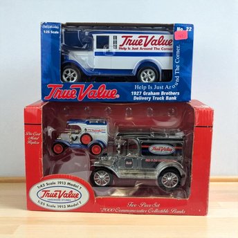 Vintage True Value Diecast Trucks - ERTL Model T Bank Set & Graham Bros. Truck - With Boxes