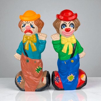 1975 Ceramic Two-Face Clown Bank Pair, Vintage Happy Sad Piggy Banks, Circus Decor