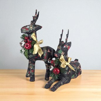 Vintage Paper Mache Reindeer Pair Holiday Figurines Christmas Mantel Decor Gift for Collector