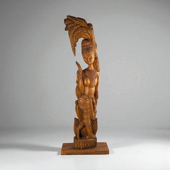 Vintage Hand-Carved Wooden Woman with Palm Frond Sculpture - 27" Tribal Art - Wood Statue - African Art