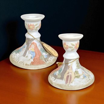 Lefton Christopher Collection Candle Holder Pair: Vintage Nativity Christmas Decor (03430)