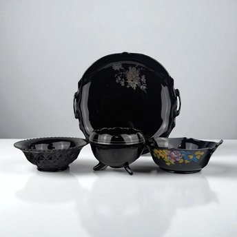 Vintage Black Glass Bowl Set: LE Smith Plate & Hand-Painted Floral Bowl