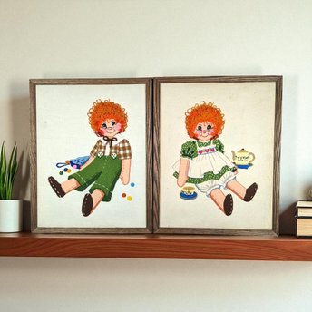 Vintage Carrot Top Boy and Girl Needlepoint, Framed Needlepoint Wall Art, Children's Decor, Nursery Decor, 19x15 Inches