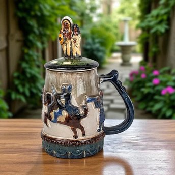 Vintage Stoneware Lidded Stein, Native American Horse Riders, Figural Lid, 9 Inches