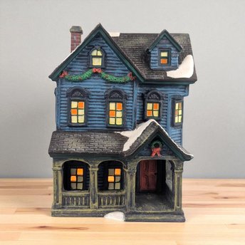 Vintage O'Well Lighted Blue Christmas Village House: Ceramic Holiday Decor