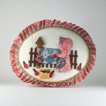 Vintage Quilted Wall Hanging: Girl in Garden Scene, Handmade Country Decor
