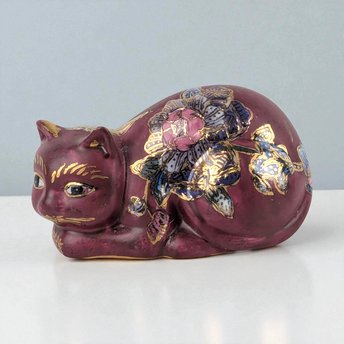 Vintage Fitz and Floyd Ceramic Cat Figurine: Hand-Painted Floral Decor