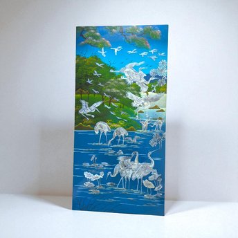 Large Vintage Mother of Pearl Inlay Wall Art, Asian Lacquer Panel with Cranes and Tree, Wall Hanging, Oriental Home Decor