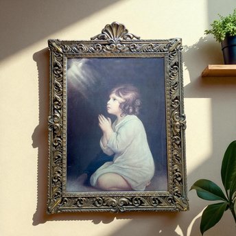 The Infant Samuel Framed Print by Reynolds, Vintage Ornate Metal Frame with Convex Bubble Glass, Religious Wall Art, Victorian Style Decor