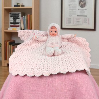 Vintage Crocheted Pink Baby Doll with Attached Blanket, Handmade Nursery Decor Toy, Baby Shower Keepsake Gift for Girl