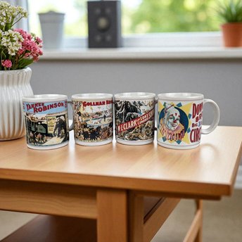 Vintage Flambro Ceramic Circus Poster Mugs - Set of 4, Retro Kitchen Decor