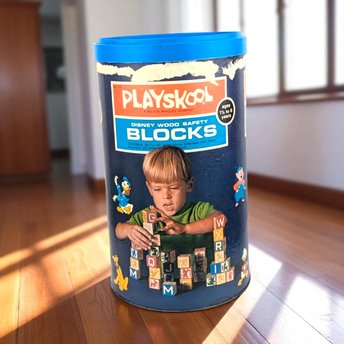 Vintage 1970s Walt Disney Wood Blocks: Playskool Mickey Mouse Educational Toy