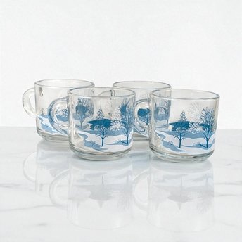 Anchor Hocking Winter Scene Mugs (Set of 4) - Blue and White Christmas Mugs