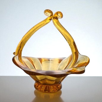 Vintage Amber Art Glass Basket: Mid Century Hand Blown Decor