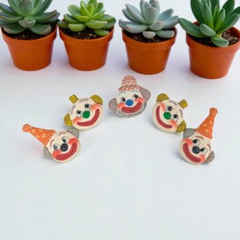 Vintage Ceramic Clown Magnets, Set of 5 Hand Painted Refrigerator Magnets, 1970s Kitsch Kitchen Decor, Circus Themed Folk Art
