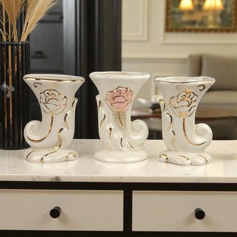 Vintage Cornucopia Bud Vases: Cream Ceramic with Pink Roses, Set of 3