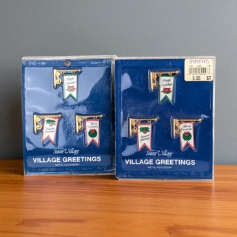 Vintage Dept 56 Snow Village Greetings Signs Set of 6, NOS Metal Holiday Banners for Christmas Village Buildings, D56 Accessory