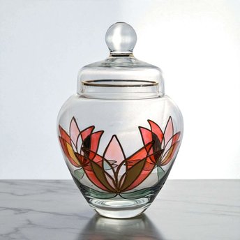 Vintage Lotus Art Glass Jar: Hand-Painted Floral Lidded Bowl