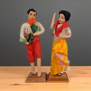 Vintage Filipino Folk Art Doll Couple, Handcrafted Couple Figurines on Wood Stands