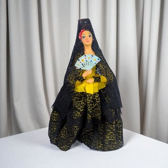 Tall Spanish Lady Figurine: Vintage Doll with Black Lace Mantilla Veil