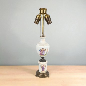 Antique Italian Ceramic Urn Lamp: Neoclassical Double Light Table Lamp