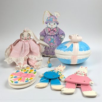 Vintage Easter Decor Lot - Bunny Figurines, Ornaments, & Egg Trinket Box