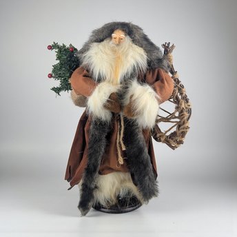 Vintage Woodland Santa Figure: Father Christmas with Faux Fur Coat, Rustic Holiday Decor