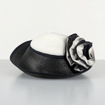 Vintage Black and White Straw Hat, Jody G for Sylvia Designer Hat, Kentucky Derby Hat, Formal Wedding Church Hat, 1980s Occasion Hat