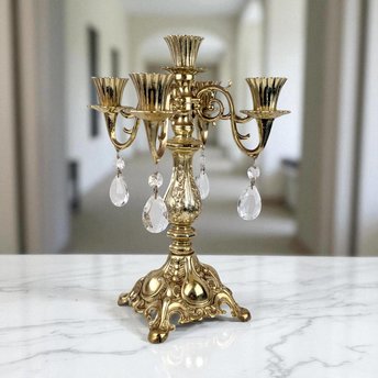 Vintage Hollywood Regency Candelabra, Ornate 5 Arm Candle Holder with Crystal Prisms, Gold Tone Candlestick, Formal Dining Table Centerpiece