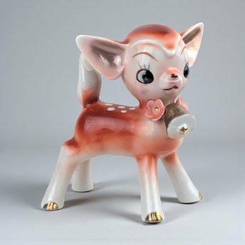 Vintage Japan Ceramic Deer Figurine: Mid-Century Kitsch Fawn with Bell