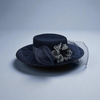 Vintage Bollman Americana Navy Blue Wool Felt Hat, Ladies Wide Brim Boater with Mesh Surround, Formal Wedding Guest Hat, Classic Dress Hat
