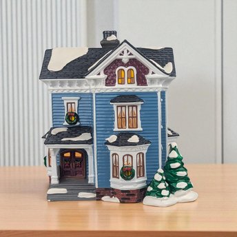 Vintage 1994 Dept 56 Glenhaven House, Snow Village Lighted Christmas Building, Blue Victorian House Holiday Decor
