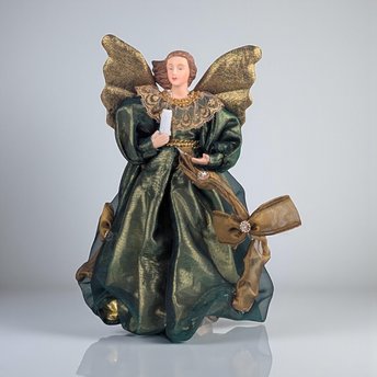 Vintage Light Up Angel Tree Topper: 9" Green and Gold Christmas Angel, Holiday Decor