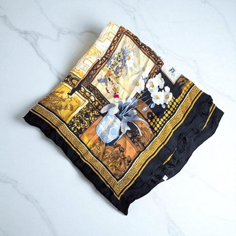 Large Huali Vintage Silk Scarf, Chinoiserie Still Life Print Shawl with Blue White Porcelain, Asian Black and Gold Square Scarf Art