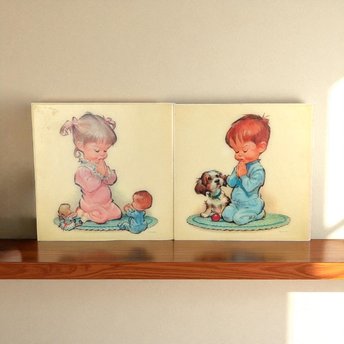 Vintage 1960s Pete Hawley Wall Hanging: Retro Praying Children Bedtime Decor