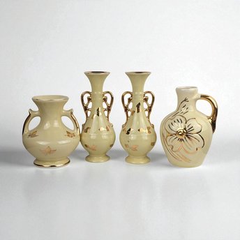 Set of 4 Vintage Yellow Vases: Art Deco & MCM Ceramic Decor with Gold Accents