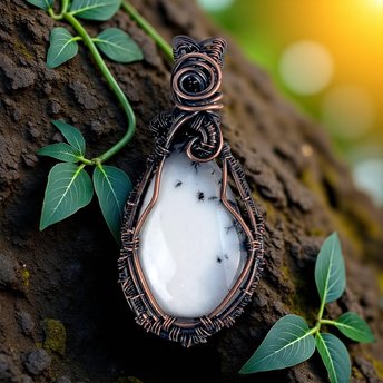 Handcrafted Dendritic Opal Pendant: Copper Wire Wrapped Gemstone Jewelry