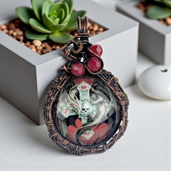 Gothic Skull Cross Pendant: Handmade Copper Wire Wrapped Jewelry