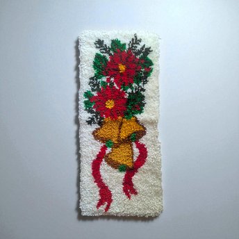 Vintage Christmas Latch Hook Rug: Handmade Poinsettia and Bells Wall Hanging