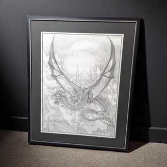 Vintage Dragon Art Print: Signed Dan Thompson Fantasy Castle Scene, Framed