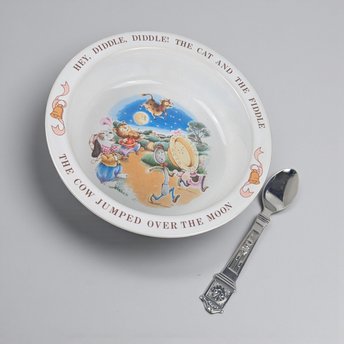 Vintage 1984 Hey Diddle Diddle Bowl Set: Avon Ceramic Child's Dish and Spoon