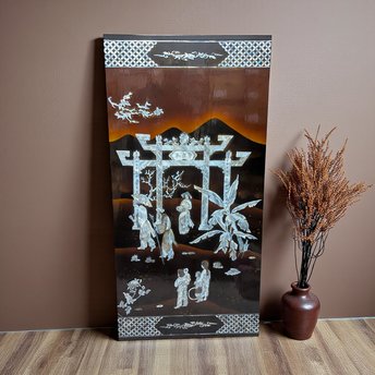 Vintage Vietnamese Mother of Pearl Panel: Torii Gate Lacquerware Wall Art