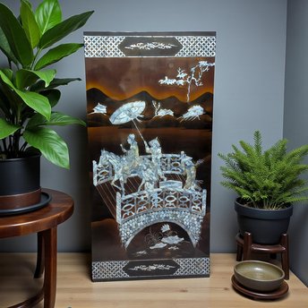 Vintage Vietnamese Mother of Pearl Panel: Bridge Crossing Lacquerware Art