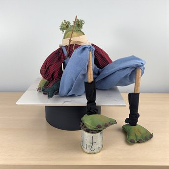 Vintage Fishing Frog Shelf Sitter: Country Folk Art Doll for Cabin Decor