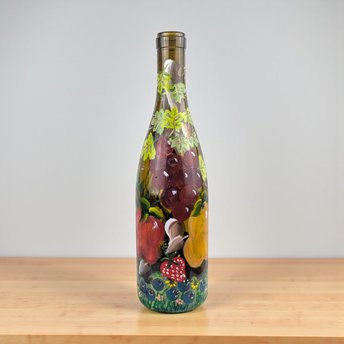 Vintage Painted Wine Bottle: Hand-Painted Fruit Lighted Decor